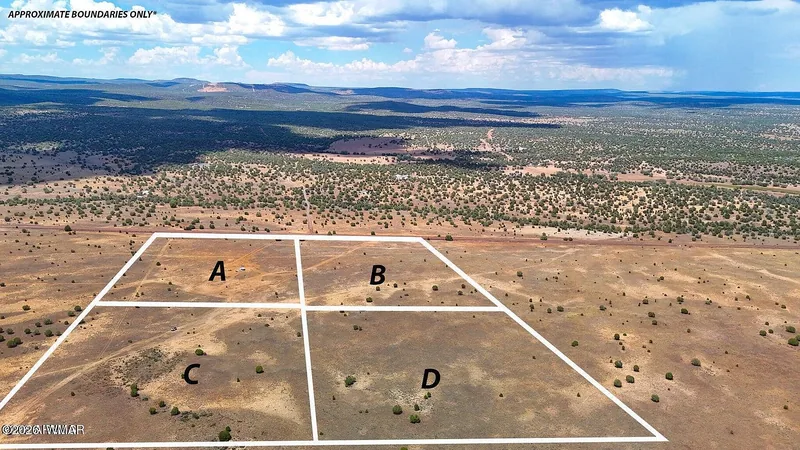 Aerial view of lots A, B, C and D outlined in white over open grass and juniper, approximate boundaries only