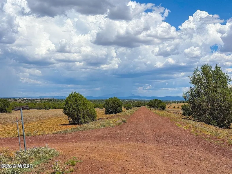 Dirt road at the parcel corner with a survey stake, junipers and open sky