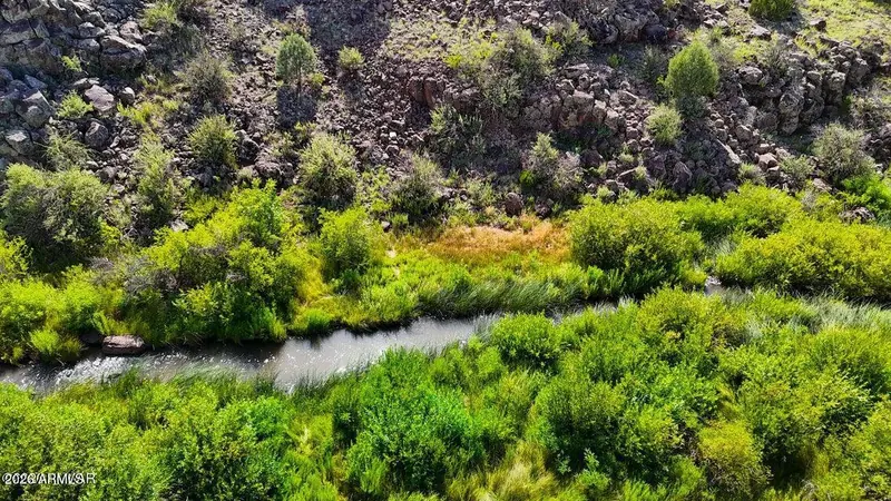 Silver Creek flowing between rocky banks and green vegetation below the lot