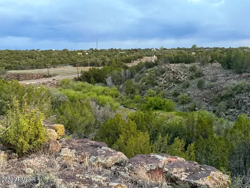 Rocky rim of the creek canyon with juniper and green bottomland below under a cloudy sky