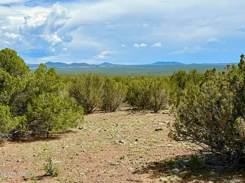 Pinyon and juniper cover on the lots with a red-dirt clearing and low hills beyond