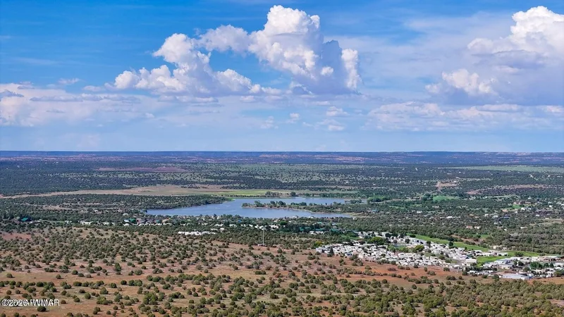 Elevated view of the White Mountain Lake community with the lake and homes below